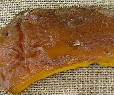 Typowe w swych naturalnych formach i odmianach bryły bursztynu bałtyckiego ze złoża paleogeńskiego na Sambii: forma powstała między płatami kory