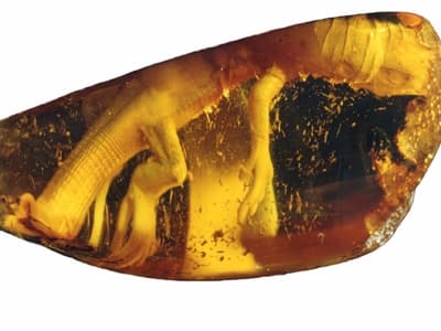 Inkluzja jaszczurki w bursztynie bałtyckim z kolekcji Gabrieli Gierłowskiej, obecnie w zniorach Muzeum Bursztynu w Gdańsku